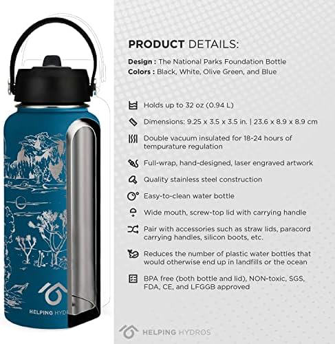 עוזר להדרוס פארקים לאומיים בקבוק מים עם מכסה קש | 32 גרם מפלדת אל חלד חרוטה מבודדת ברצועה | גנים לאומיים